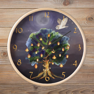 Beautiful Tree with Lanterns, Moon and Owl Clock
