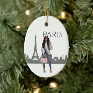 Beautiful Trendy Girl in Paris Christmas Ceramic Ornament