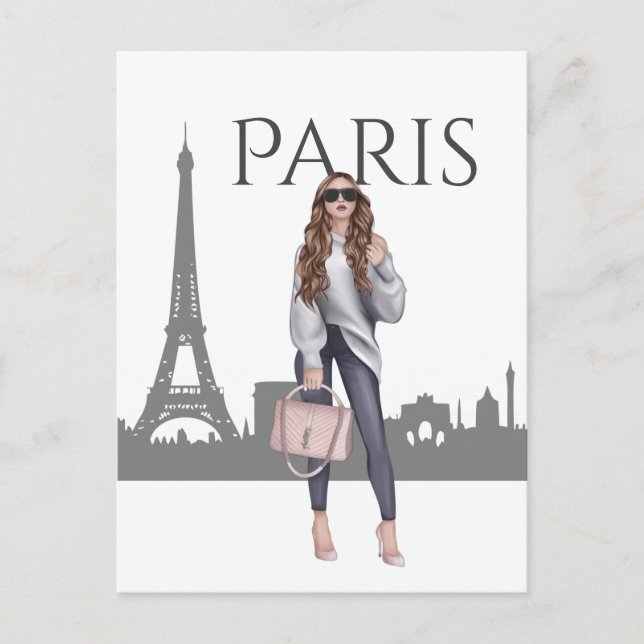 Beautiful Trendy Girl in Paris with Eiffel Tower Postcard (Front)