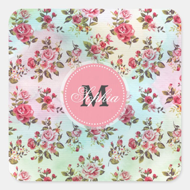 Beautiful trendy girly vintage monogram  roses square sticker (Front)