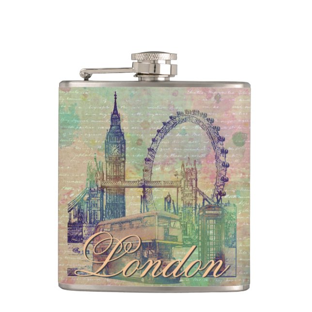 Beautiful trendy Vintage London Landmarks Hip Flask (Front)
