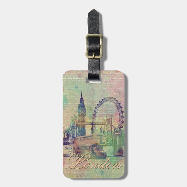 Beautiful trendy Vintage London Landmarks Luggage Tag (Front Vertical)