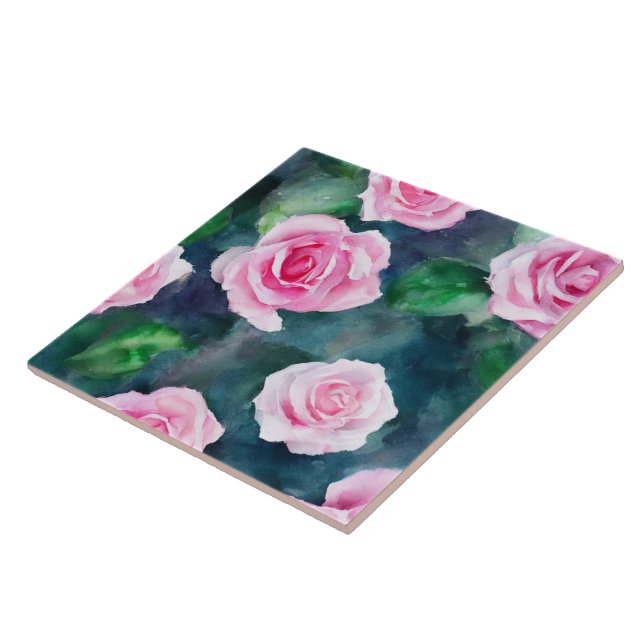 Beautiful Trendy Watercolor Pink Roses Collection Tile (Side)