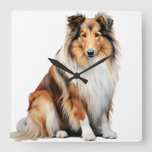 BEAUTIFUL TRI-COLORED LONG HAIRED COLLIE DOG SQUARE WALL CLOCK