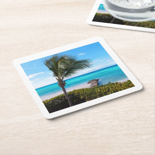 Beautiful Tropical Beach Breezy Palm Tree Square Paper Coaster (Angled)