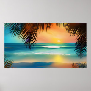 Beautiful Tropical Beach Sand ocean palm trees Poster