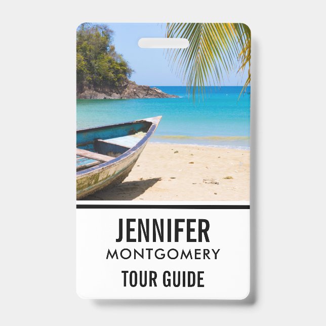 Beautiful Tropical Beach with a Rowboat Badge (Front)