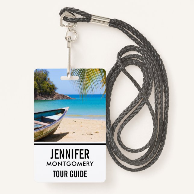Beautiful Tropical Beach with a Rowboat Badge (Front with Lanyard)