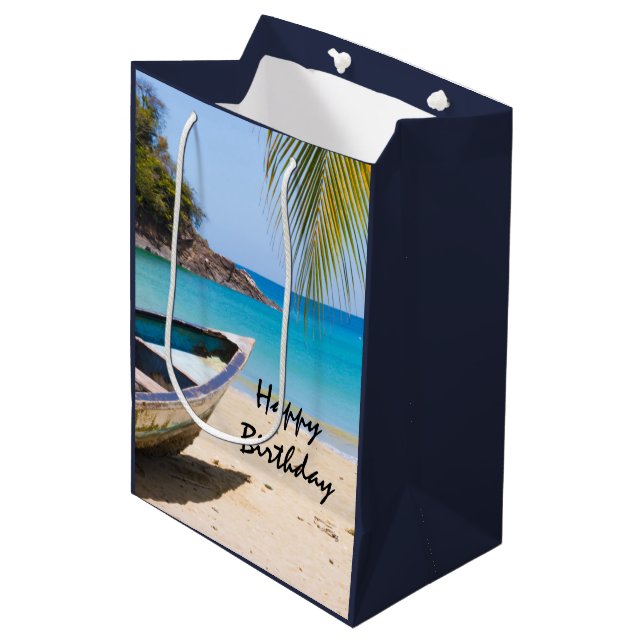 Beautiful Tropical Beach with a Rowboat Birthday Medium Gift Bag (Front Angled)