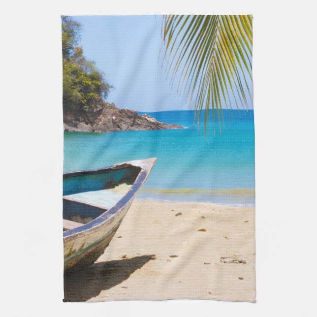 Beautiful Tropical Beach with a Rowboat Kitchen Towel (Vertical)