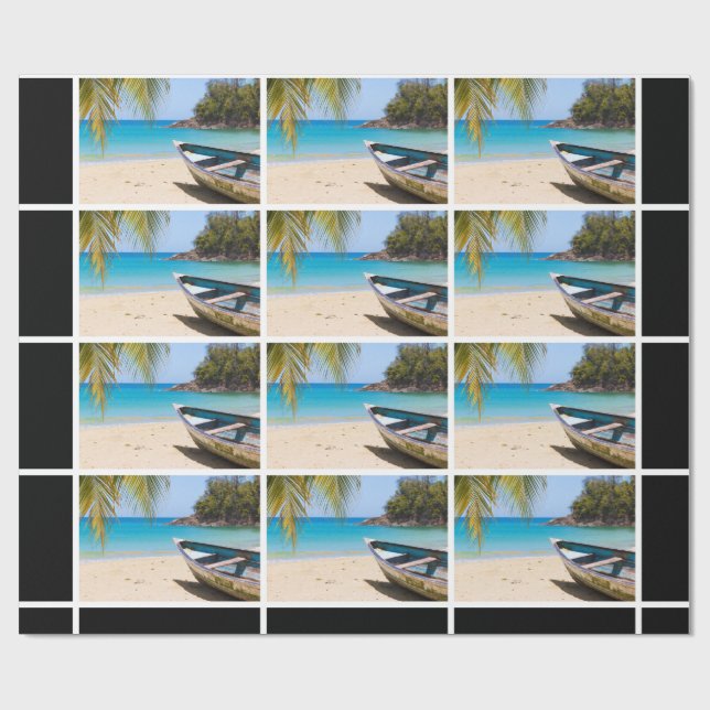 Beautiful Tropical Beach with a Rowboat Pattern Wrapping Paper (Flat)