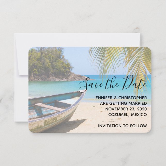 Beautiful Tropical Beach with a Rowboat Save The Date (Front)