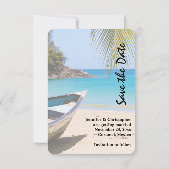 Beautiful Tropical Beach with a Rowboat Save The Date (Front)