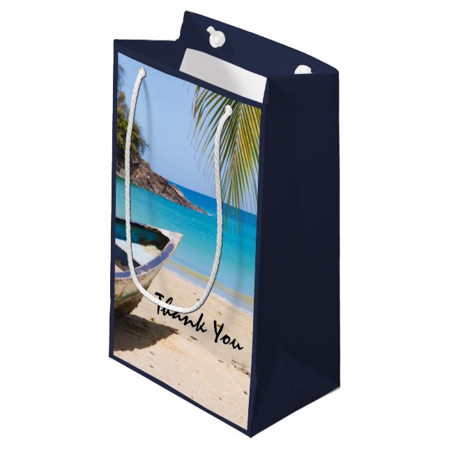 Beautiful Tropical Beach with a Rowboat Thank You Small Gift Bag (Front Angled)