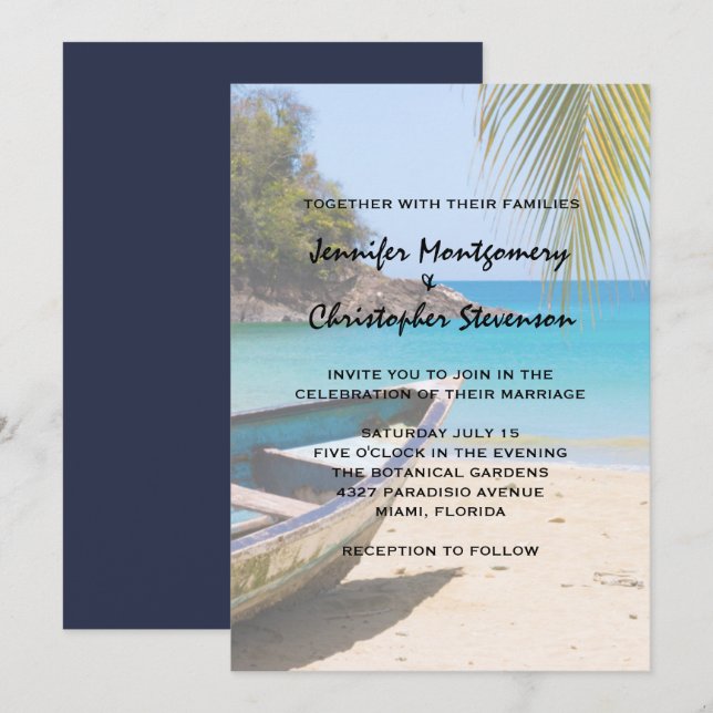 Beautiful Tropical Beach with a Rowboat Wedding Invitation (Front/Back)