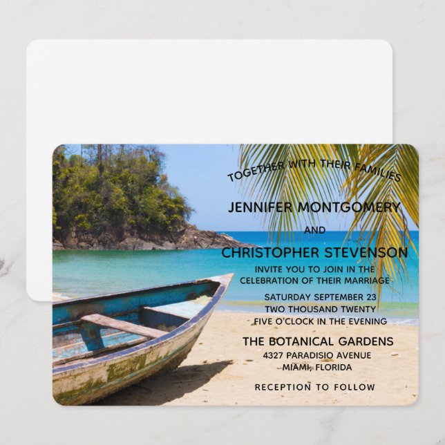 Beautiful Tropical Beach with a Rowboat Wedding Invitation (Front/Back)