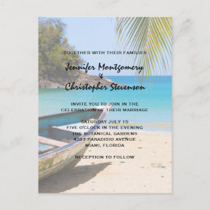Beautiful Tropical Beach with a Rowboat Wedding Invitation Postcard