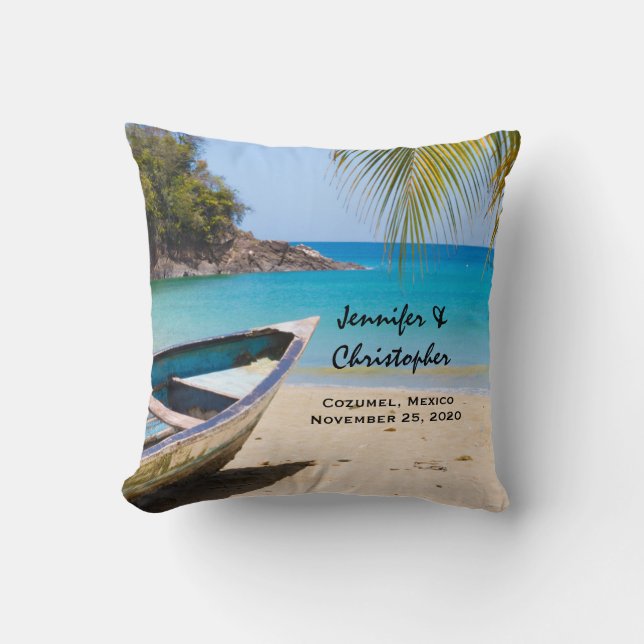 Beautiful Tropical Beach with a Rowboat Wedding Throw Pillow (Front)