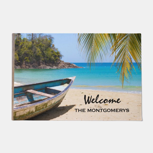 Beautiful Tropical Beach with a Rowboat Welcome Doormat (Front)