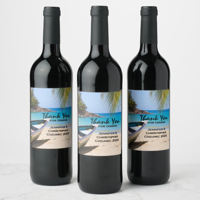 Beautiful Tropical Beach with a Rowboat Wine Label (Bottles)