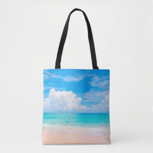 Beautiful tropical beach with blue sky and white c tote bag