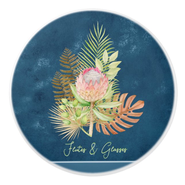 Beautiful tropical flowers on batik blue custom ceramic knob (Front)