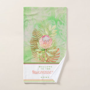 Beautiful tropical flowers on batik green custom hand towel