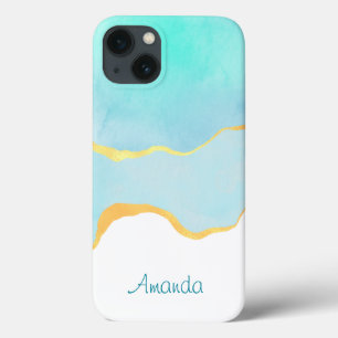  Beautiful Tropical Green Blue with Gold Border iPhone 13 Case