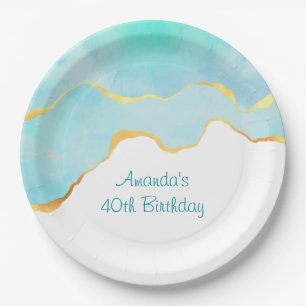 Beautiful Tropical Green Blue with Gold Border Paper Plate