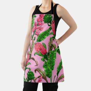 Beautiful Tropical Green Leaves with Red Flowers Apron