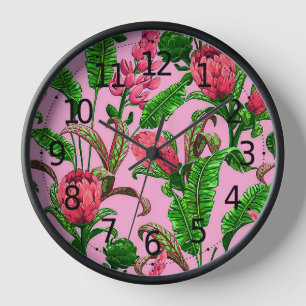 Beautiful Tropical Green Leaves with Red Flowers   Clock