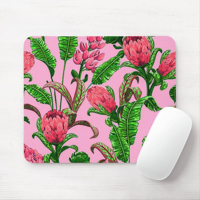 Beautiful Tropical Green Leaves with Red Flowers | Mouse Pad (With Mouse)