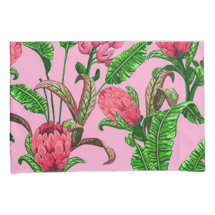 Beautiful Tropical Green Leaves with Red Flowers   Pillowcase