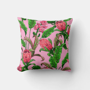 Beautiful Tropical Green Leaves with Red Flowers   Throw Pillow