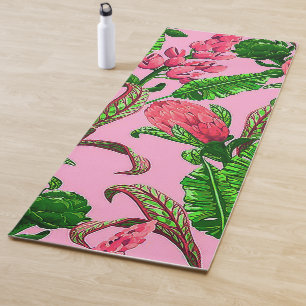 Beautiful Tropical Green Leaves with Red Flowers Yoga Mat