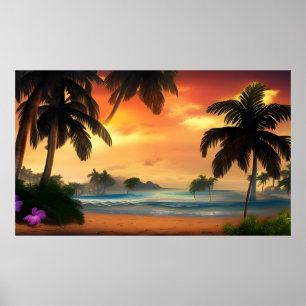 Beautiful Tropical island view ocean palm trees 2 Poster