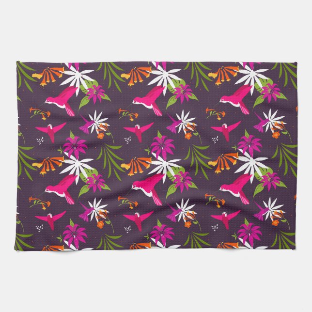 Beautiful Tropical Leaves and Hummingbirds Pattern Kitchen Towel (Horizontal)