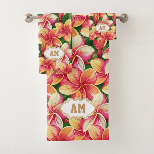Beautiful Tropical Pink Flowers and Monogram Bath Towel Set (Insitu)