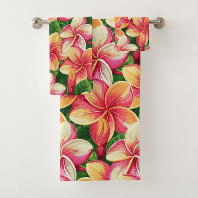 Beautiful Tropical Pink Flowers on Forest Green Bath Towel Set (Insitu)