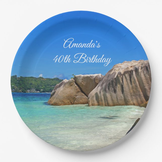 Beautiful Tropical Sea Rocky Coastline Birthday Paper Plate (Front)