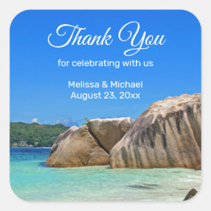 Beautiful Tropical Sea Rocky Coastline Wedding Square Sticker