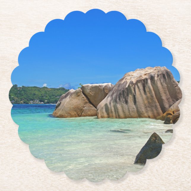 Beautiful Tropical Sea with a Rocky Beach Paper Coaster (Front)