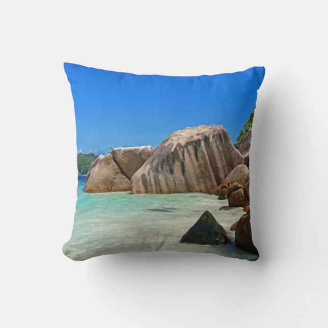 Beautiful Tropical Sea with Rock Covered Coast Throw Pillow (Front)