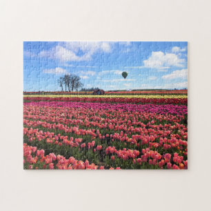 Beautiful Tulip Field with Hot Air Balloon, Oregon Jigsaw Puzzle