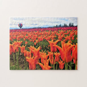 Beautiful Tulip Field with Hot Air Balloon, Oregon Jigsaw Puzzle