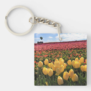 Beautiful Tulip Field with Hot Air Balloon, Oregon Keychain
