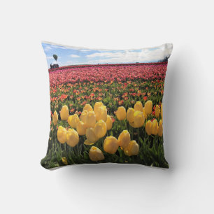 Beautiful Tulip Field with Hot Air Balloon, Oregon Throw Pillow