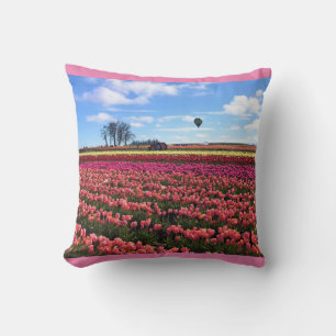 Beautiful Tulip Field with Hot Air Balloon, Oregon Throw Pillow