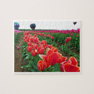 Beautiful Tulip Field with Hot Air Balloons Jigsaw Puzzle