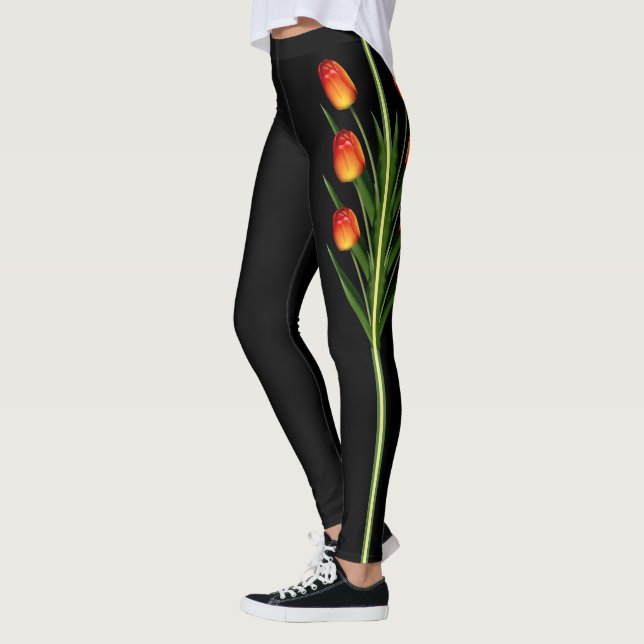 Beautiful Tulip Flowers on Black Leggings (Left)